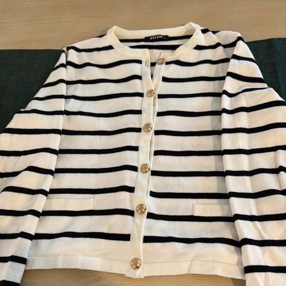 Women’s Striped Button-Up Sweater - Black and White - Picture 1 of 7